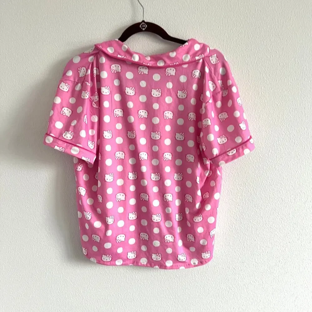 Hello Kitty Short-Sleeve Pink Polka Dot Button-Up Sleep Shirt M Coquette Girl